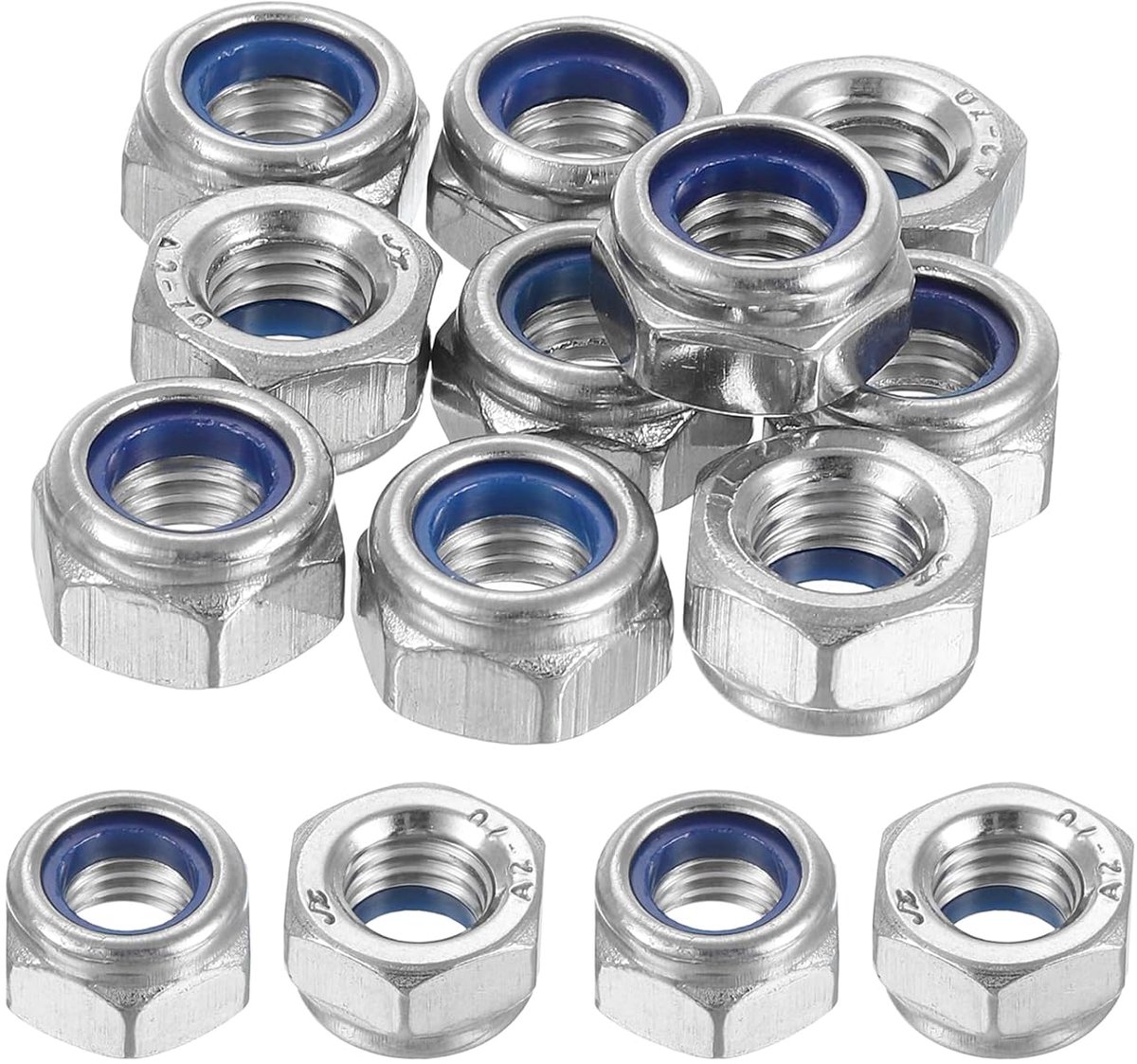 Linkerhandblok moeren M8 x 1,25 mm 304 roestvrij staal schroefdraad zeshoek nylon inzetstuk blokmoer voor montage en bevestiging zilver 10 stuks