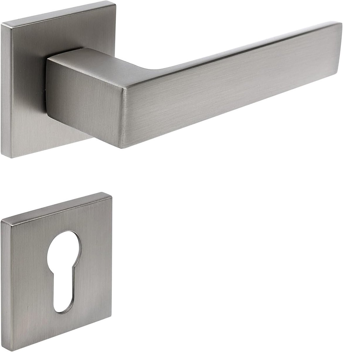 Deurbeslag "Garda" voor profielcilinder, hoogwaardige set, ergonomisch gevormde deurgreep, deurbeslag, moderne hoekige rozet voor de kamerdeur, kleur: mat nikkel