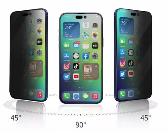 Drie iPhones met privacy screenprotector; één aan de zijkant (45°), één recht van voren (90°), één aan de andere zijkant (45°).