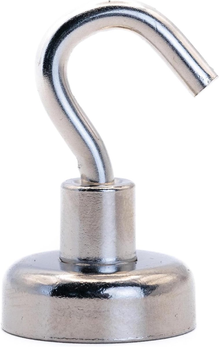 F4ME20M4-HOOK-1 20 mm diameter klem neodymium magneten met M4 haak 18,3 kg trekken, zilver, 25 x 10 x 3 cm