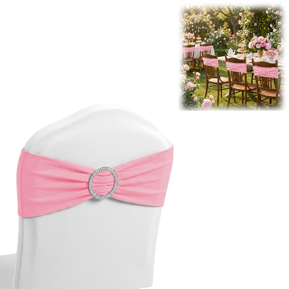 AUFUN 30 Stuks Elastische Stoelbanden Met Gesp En Strik – Roze – 14 x 34 cm (universele maat)– Geschikt Voor Bruiloften, Vieringen, Feesten, Hotels En Restaurants.