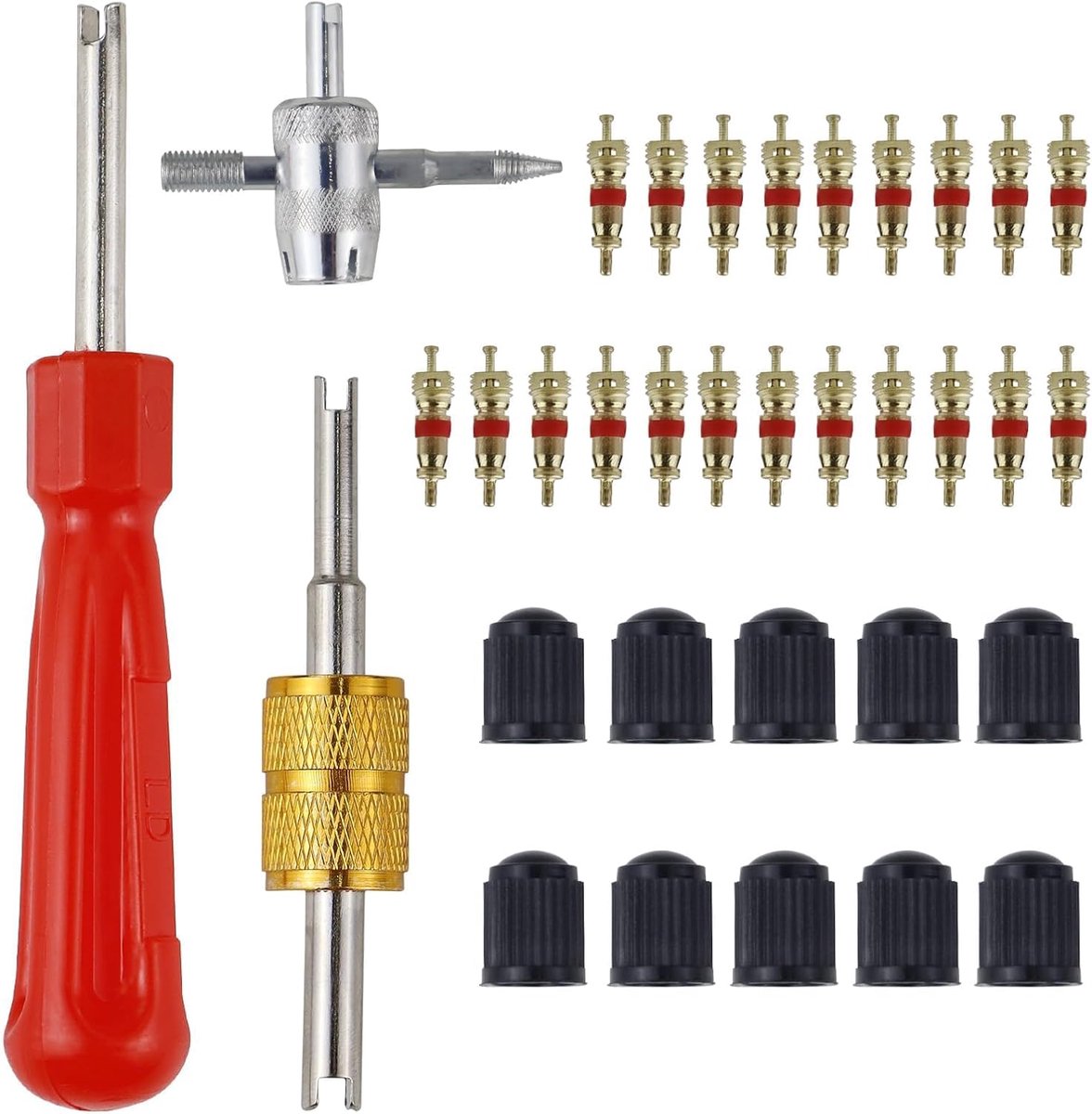 33 stuks autobandventielverwijderingsset | Bandenklep reparatieset | Dubbele en enkele kop ventielverwijderaar | 4-weg ventielgereedschap | 10 stuks ventieldoppen | 20 stuks ventielkernen | Geschikt
