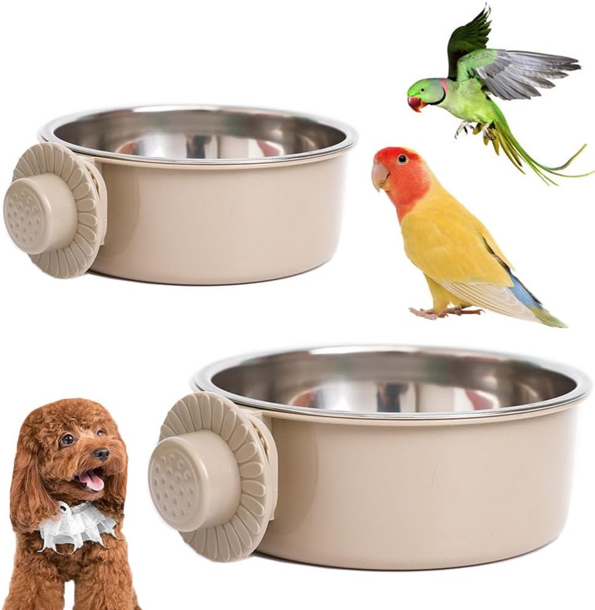 2 stuks Roestvrijstalen Voederbak, Voederbak, Waterbak Om Op Te Hangen, Voederstation Voor Zaden Voor Vogels, Papegaaien, Vogelkooi, Accessoires (Grijs)