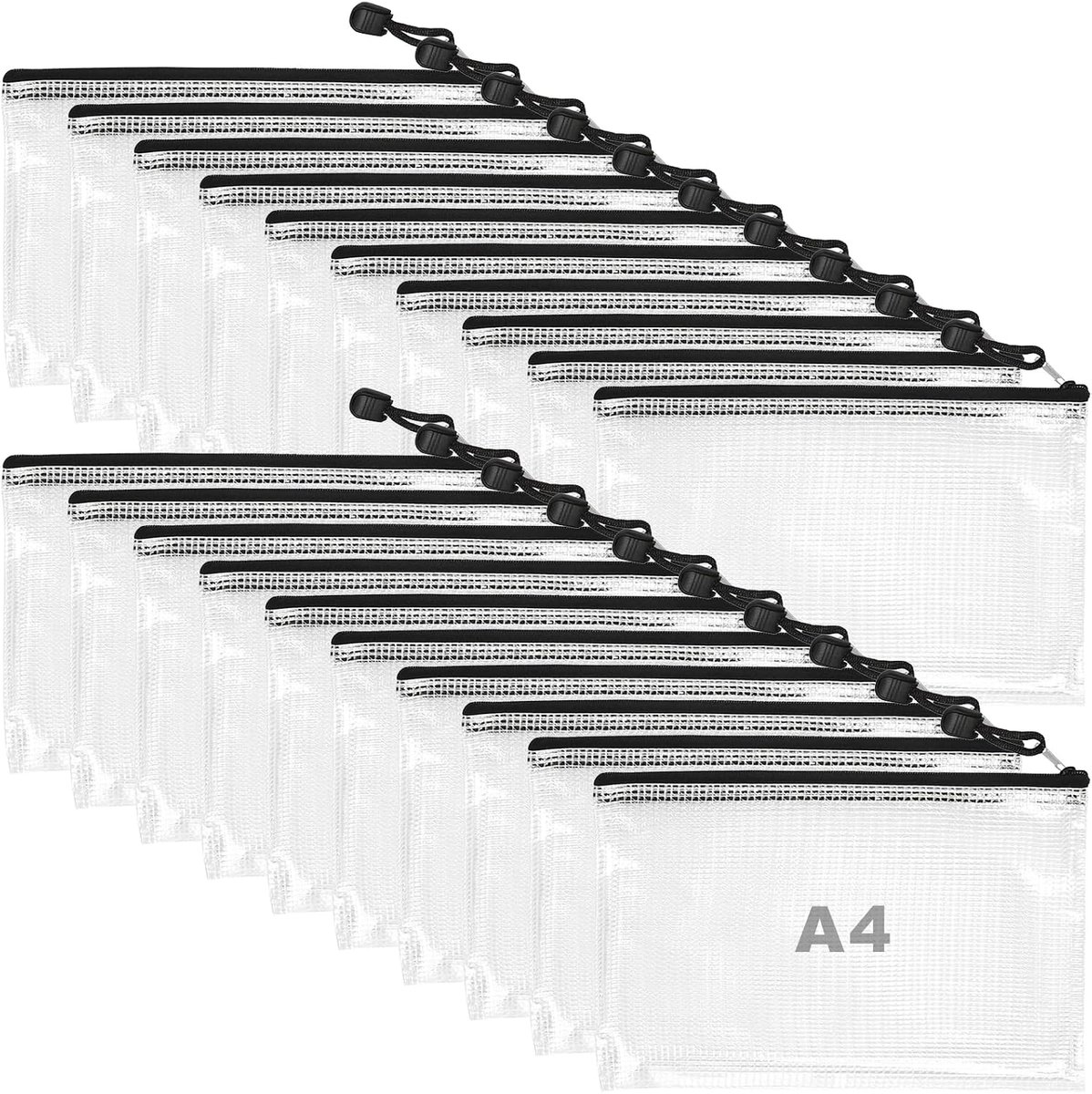 Verpakking van 20 waterdichte documententassen A4 met ritssluiting, transparante ritssluitingstassen voor papier, documenten, cosmetica - plastic mesh ritssluitingstassen