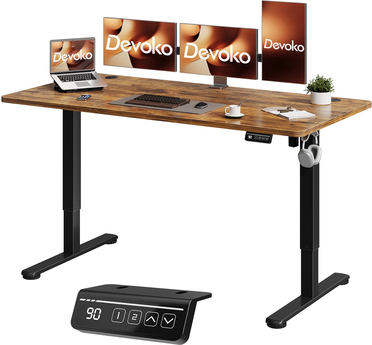 Devoko Elektrisch Zit-sta Bureau 160x60 cm – Stille Motor met Geheugenfunctie – 4 Knoppen Handbediening – Bruin