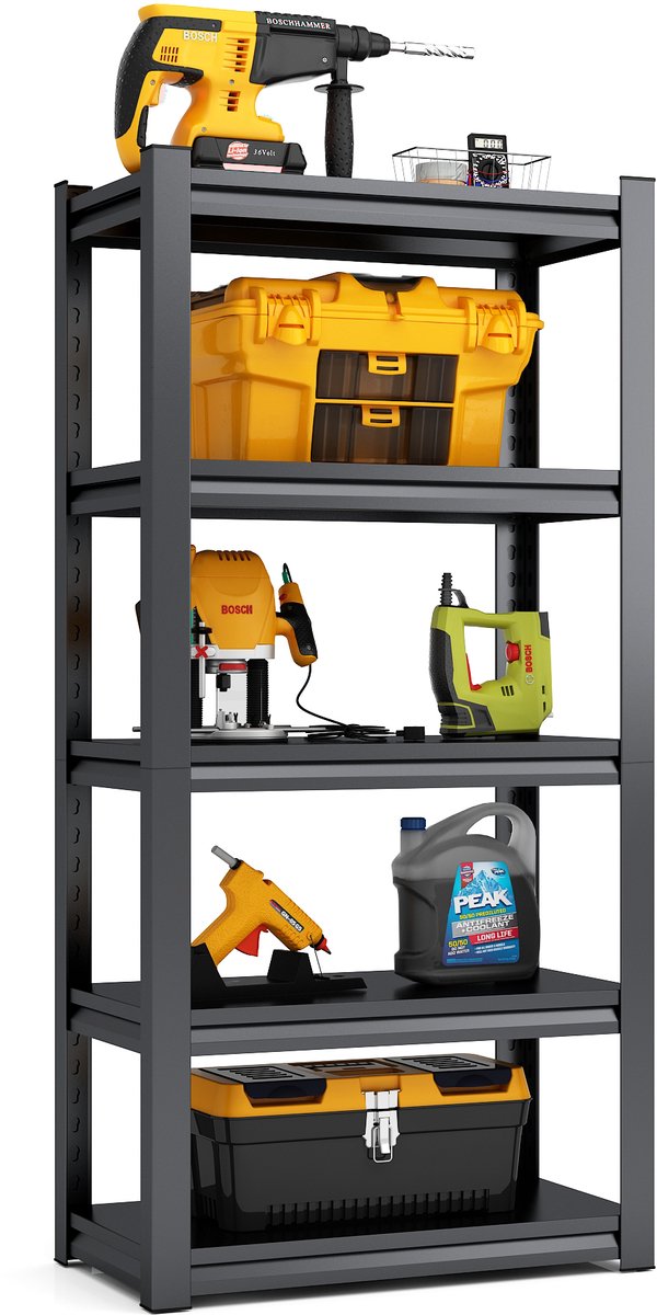 5-Laags Industrieel Stalen Zwaarlastrek 650kg - Hoogteverstelbaar - Voor garage, opslag en huishouden - Houtvrij ontwerp - Krasbestendig - 160x80x40 cm