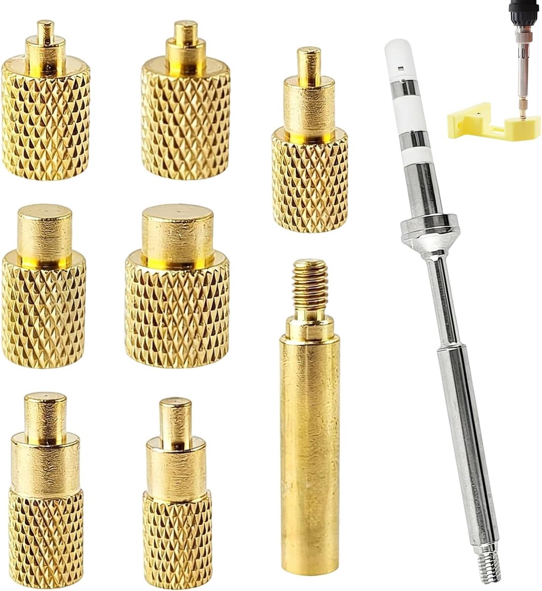 9 stuks schroefdraadinzetstukken, soldeerpunten, messing smeltschroefdraad M2, M2,5, M3, M4, M5, M6, M8 met adapter, vervangbaar met standaard 936 voor soldeerbout TS100 TS001 en 3D-printeraccessoires