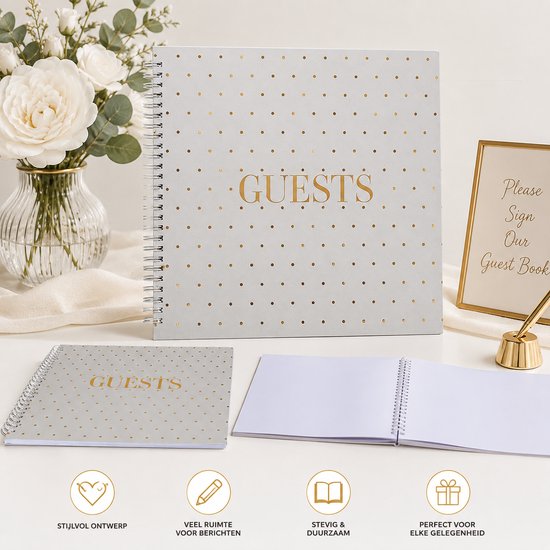 Wit gastenboek met gouden stippen en 'GUESTS' in goudkleurige letters. Metalen spiraalbinding. Twee maten getoond.