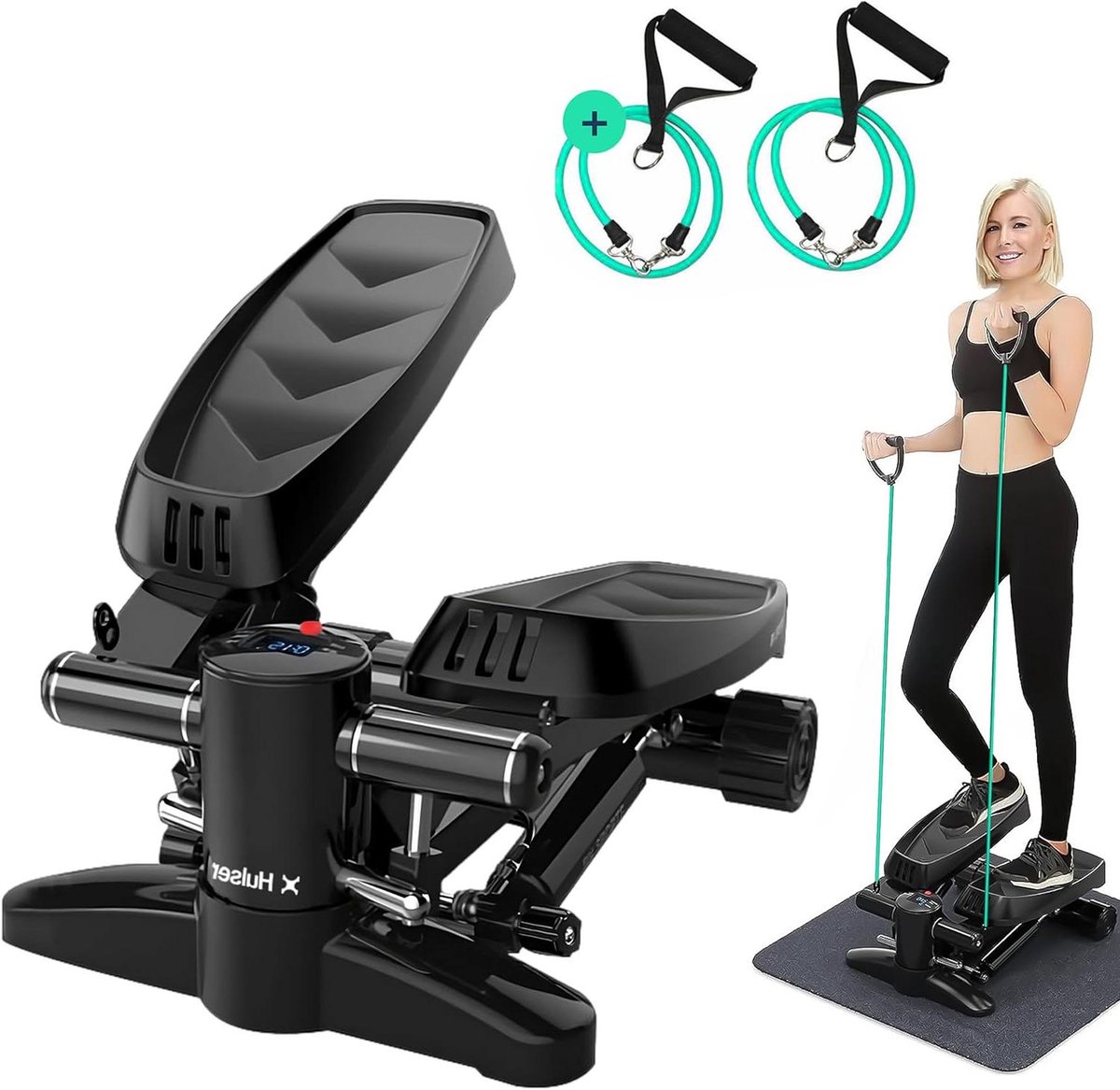 Stepper met Weerstandsbanden - Mini Cardio Trainer - Thuis Fitness - Verstelbare Intensiteit - 10 Niveaus - Zwart