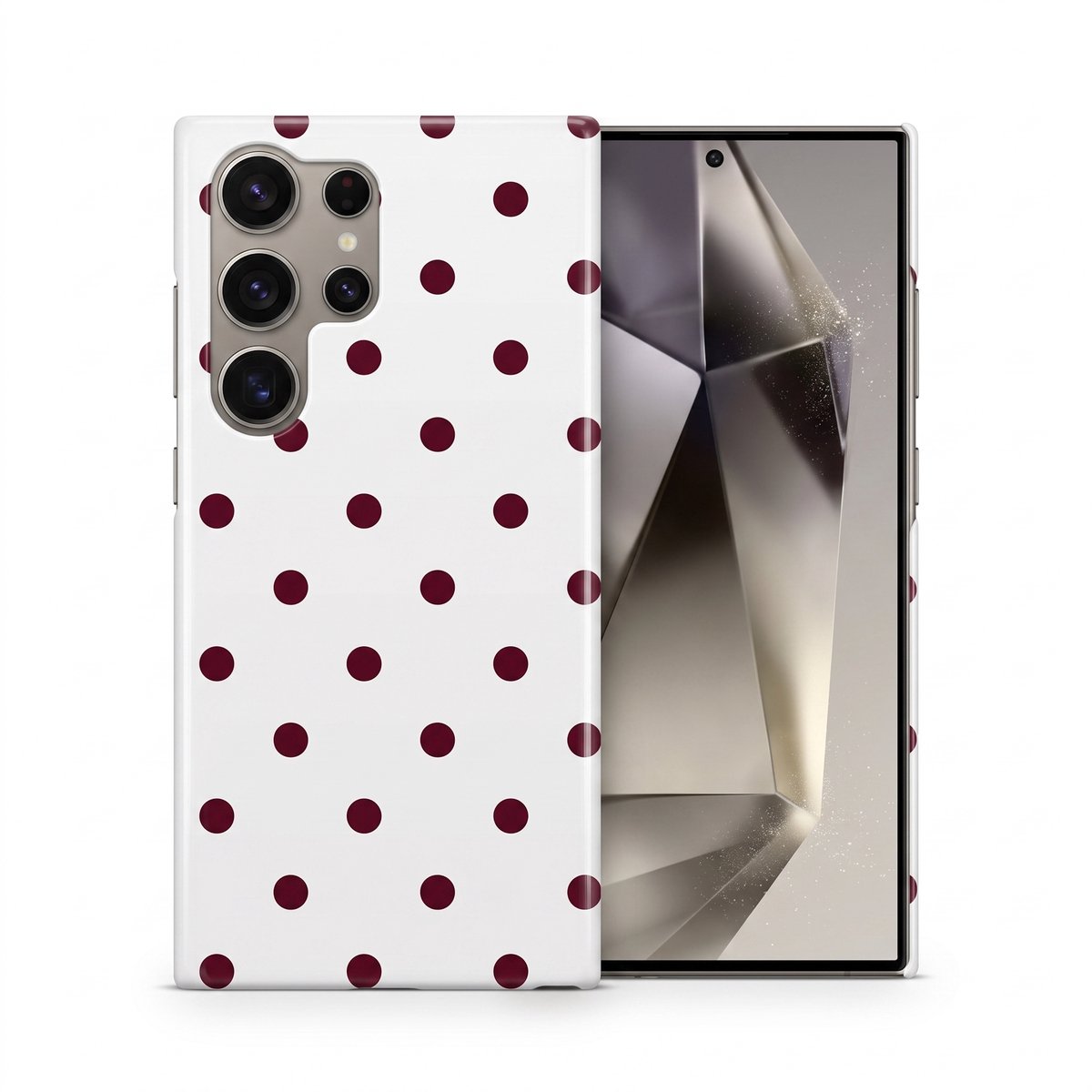 Hoesje geschikt voor Samsung Galaxy S24 Ultra – Polka Dots – Exclusief Design – Polycarbonaat – Wit en Bordeaux