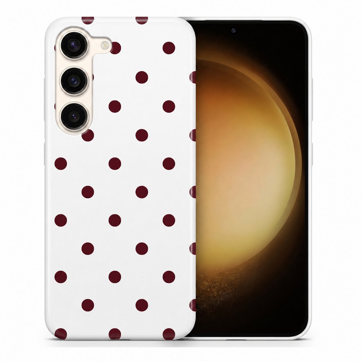 Hoesje geschikt voor Samsung Galaxy S23 – Polka Dots – Exclusief Design – Polycarbonaat – Wit en Bordeaux