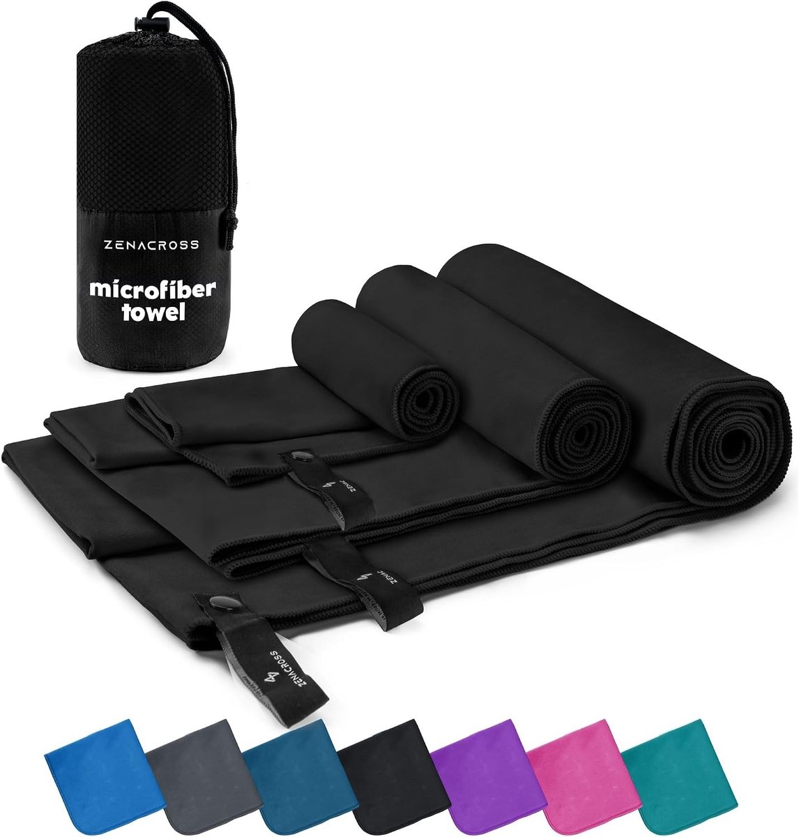 Microvezelhanddoekenset - Zwart - Set van 3 (XS, S, M) - Sneldrogende en absorberende handdoeken - Voor Sport en Reizen