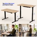 Verstelbaar bureau in eiken met zwarte poten, getoond op 70cm en 115cm hoogte.