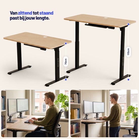 Verstelbaar bureau in eiken met zwarte poten, getoond op 70cm en 115cm hoogte.
