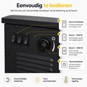 Bedieningspaneel van de zwarte elektrische sfeerhaard met schakelaars en thermostaatknop.