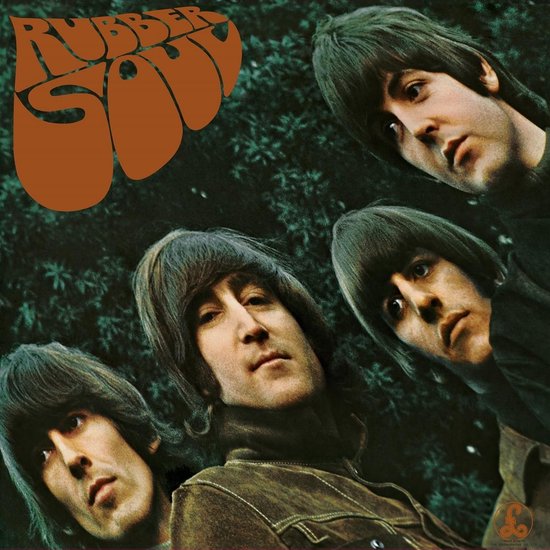 The Beatles - Rubber Soul albumcover met vier groepsleden en oranje tekst.