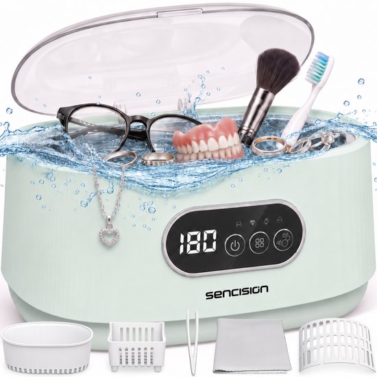Lichtgroene ultrasone reiniger met digitale timer '180' en touchknoppen, met bril, sieraden, kunstgebit, make-up kwast en tandenborstel in water.