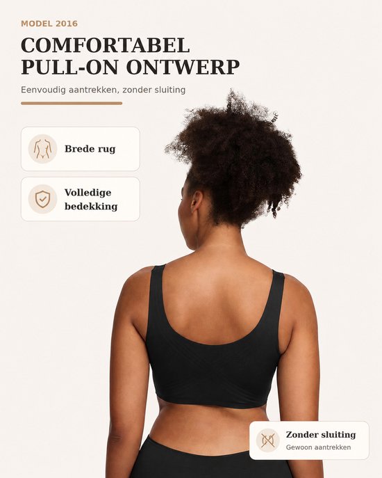 Zijaanzicht van een model in een zwarte bh zonder sluiting, met tekst over een breed rugpand en volledige bedekking.