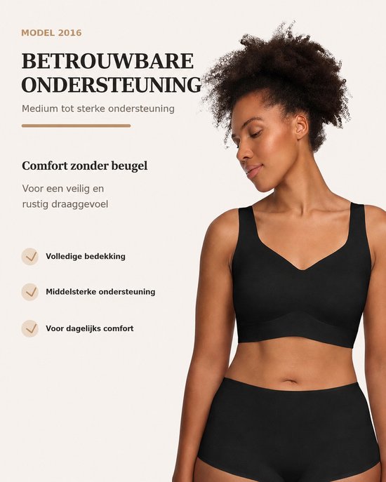 Model in een zwarte bh met V-hals, met tekst over betrouwbare ondersteuning, volledige bedekking en middelsterke ondersteuning.