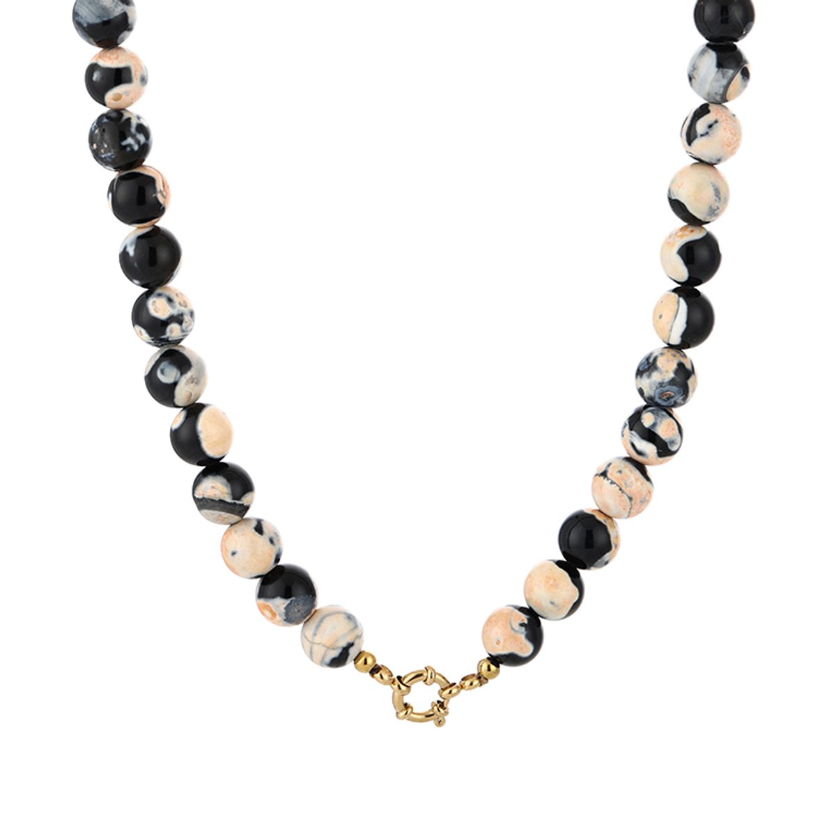 Round Gemstone Bead Necklace – Kralen Ketting – RVS - Black Mix