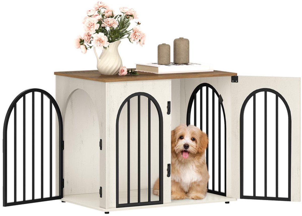 Hzuaneri 68 cm Hondenbench, meubel, hondenbox, 3 deuren, gebogen deur, moderne hondenboxs binnen voor honden, bijzettafel, hondenkooi voor thuis, robuuste hondenbox, 49 x 68 x 56 cm, Wit Bruin