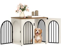 HILINSIE 68 cm Hondenbench, meubel, hondenbox, 3 deuren, gebogen deur, moderne hondenboxs binnen voor honden, bijzettafel, hondenkooi voor thuis, robuuste hondenbox, 49 x 68 x 56 cm, Wit Bruin