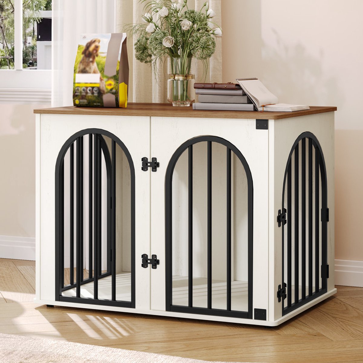 HILINSIE 80 cm Hondenbench, meubel, hondenbox, 3 deuren, gebogen deur, moderne hondenboxs binnen voor honden, bijzettafel, hondenkooi voor thuis, robuuste hondenbox, 56 x 80 x 61 cm, Wit Bruin