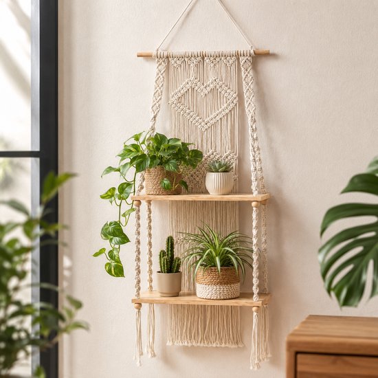Macramé wandplank met hartmotief, beige touw, 2 houten planken, met planten