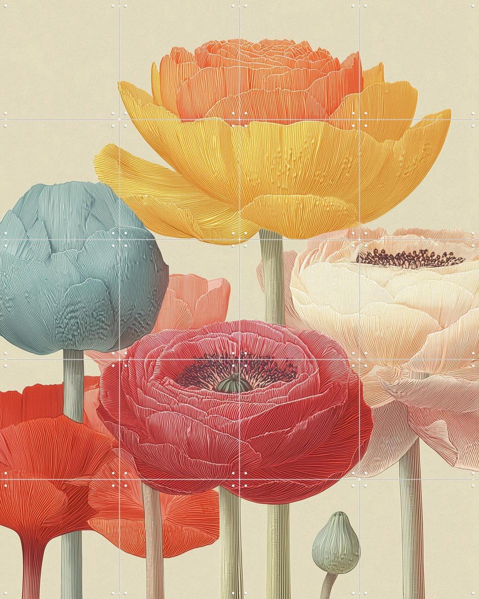 IXXI Silent Ranuncules, Artclaud - 80 x 100 cm - Gratis ophangtool - Grote wanddecoratie en posters - Kleurrijk, Vintage, Eetkamer, Woonkamer