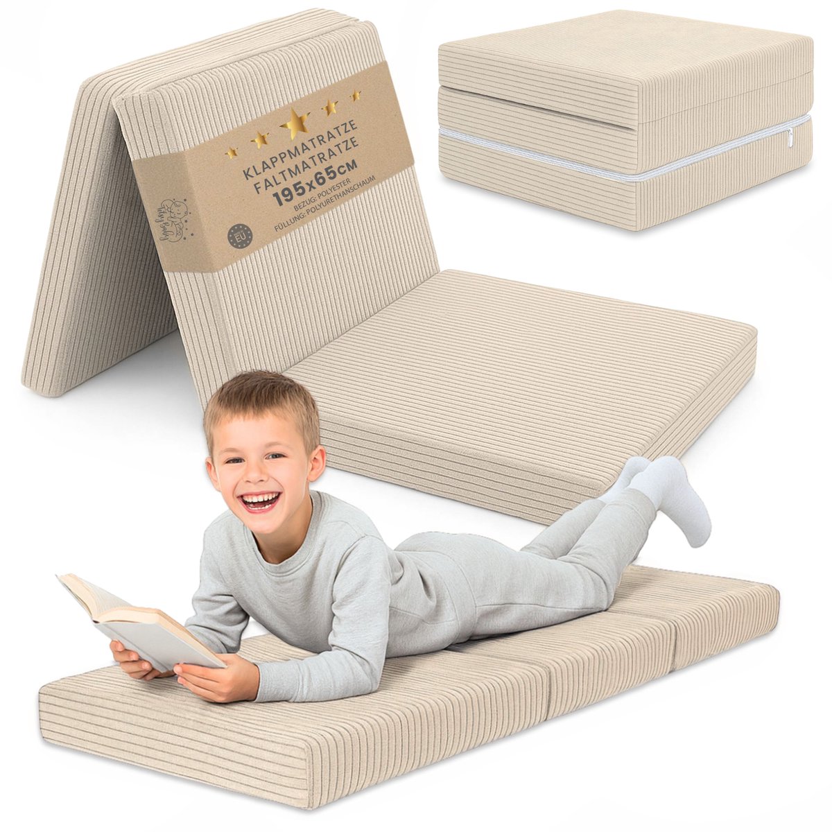 Vouwmatras Kind Opvouwbaar 65x195 cm Logeermatras Vloermatras Kinderkamer Reismatras Draagbaar Compact Afneembare Hoes Wasbaar Oeko-Tex certificaat 65 x 195 Beige