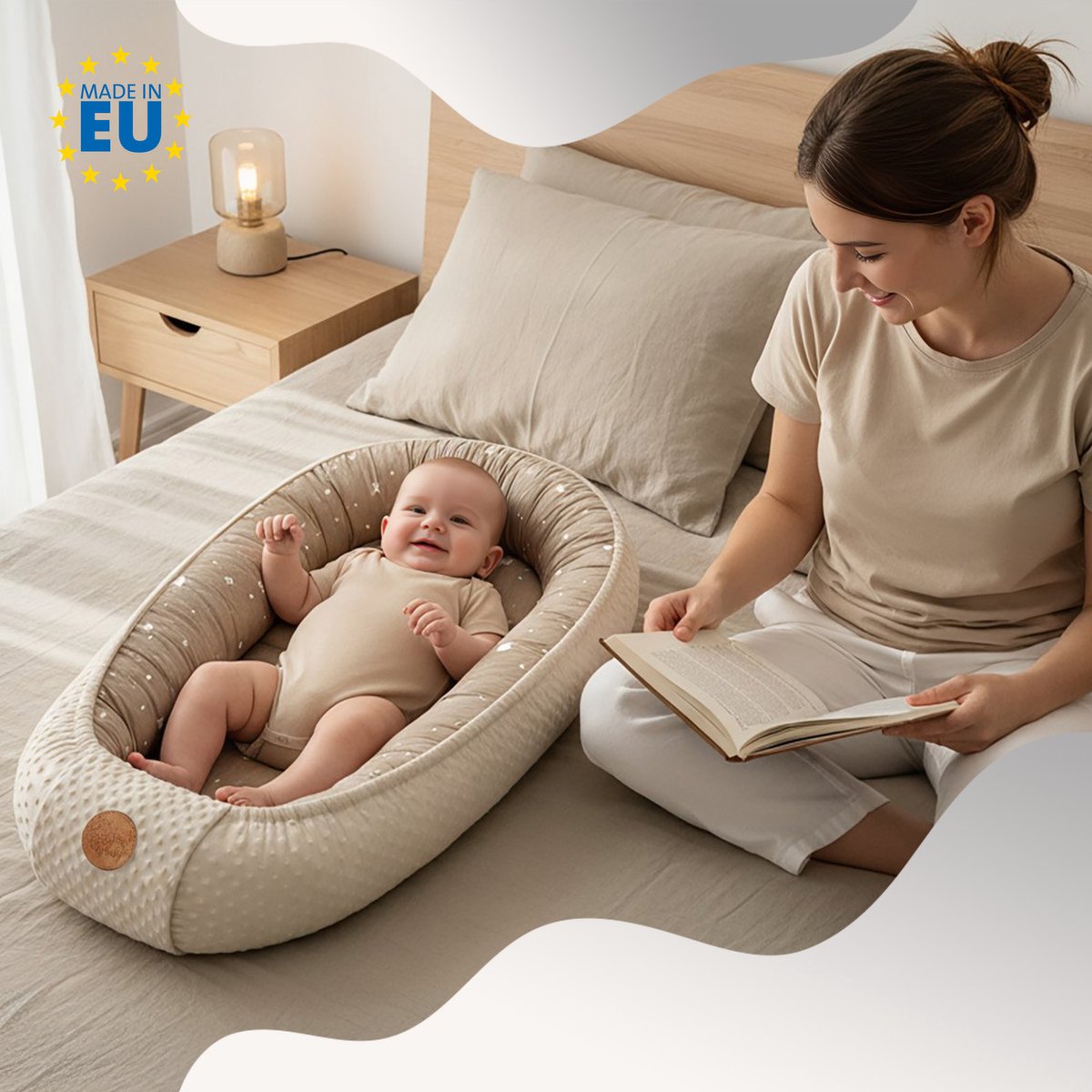 Knus Baby Nestje Pasgeborene – zacht draagbaar en comfortabel Nest voor Ledikant Kinderbed Wieg Babykamer en Onderweg – behaaglijk voor Jongen & Meisje 90x50 cm Beige met Witte Sterren – foto 5
