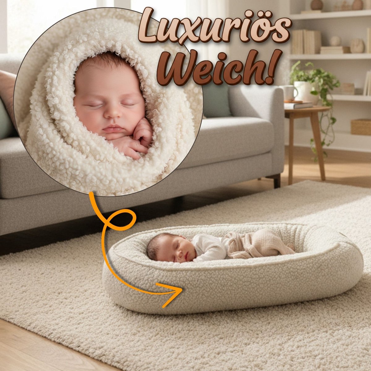 Knus Baby Nestje Pasgeborene – zacht draagbaar en comfortabel Nest voor Ledikant Kinderbed Wieg Babykamer en Onderweg – behaaglijk voor Jongen & Meisje 90x50 cm Crèmekleurig – foto 3
