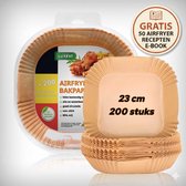 Verpakking met 200 stuks XL/XXL vierkant airfryer bakpapier van 23 cm. Gratis e-book met 50 recepten.