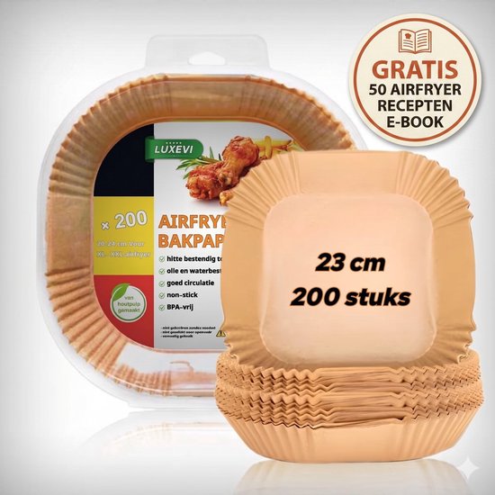 Verpakking met 200 stuks XL/XXL vierkant airfryer bakpapier van 23 cm. Gratis e-book met 50 recepten.