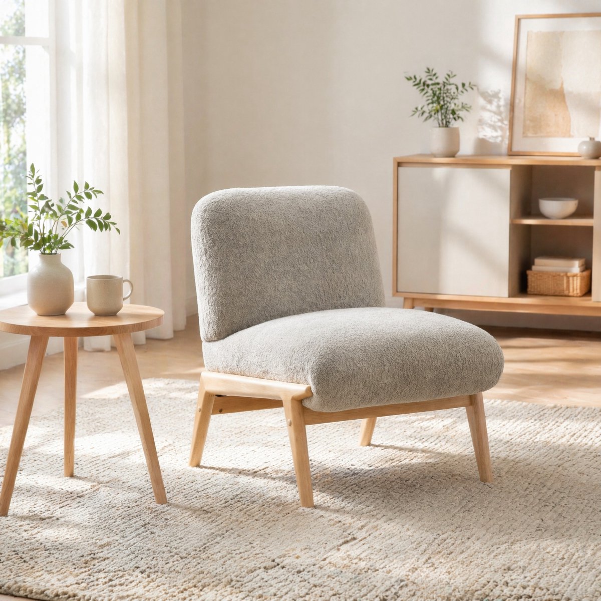 REDOM - Fauteuil - Chenille bekleding - Houten poten - Zonder armleuningen - Scandinavische stijl - Woonkamer en slaapkamer - Grijs - 76 x 61,5 x 74 cm