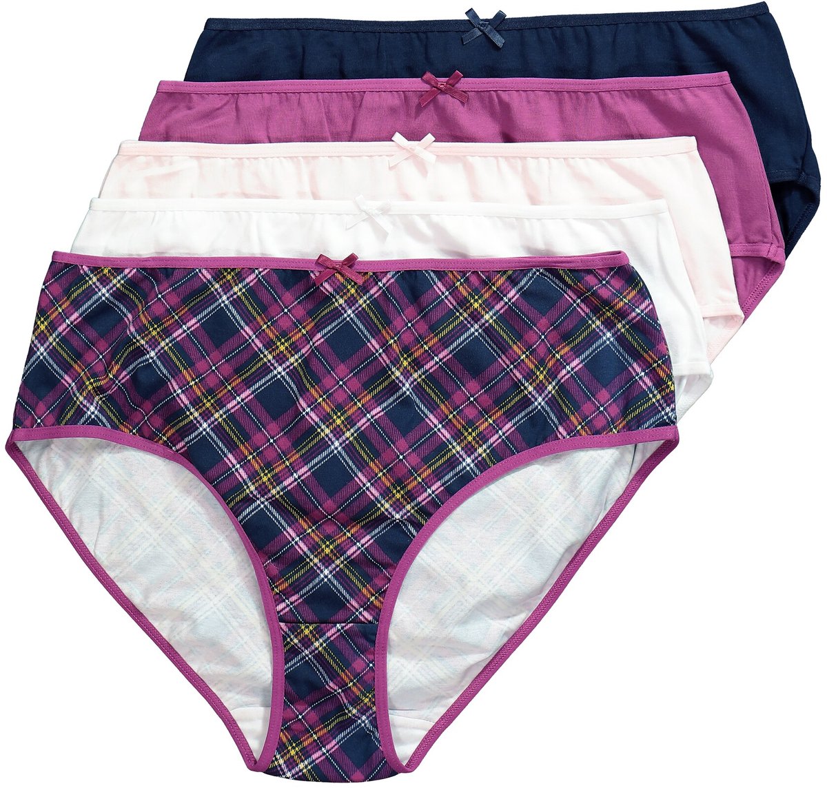 Ulla Popken - Dames - Midi-slip set van 5 geruit/effen biologisch katoen - Bes - Maat 54+