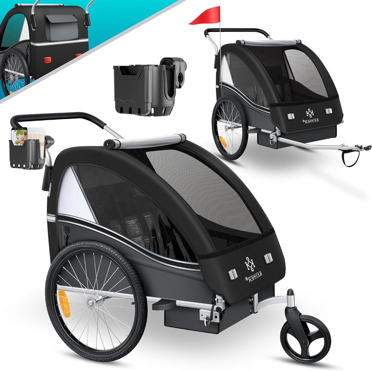 Kinderfietskar - Buggy Jogger - Kinderen Vervoeren - 2-in-1 Functie - Max 40 kg - Zwart Anthraciet