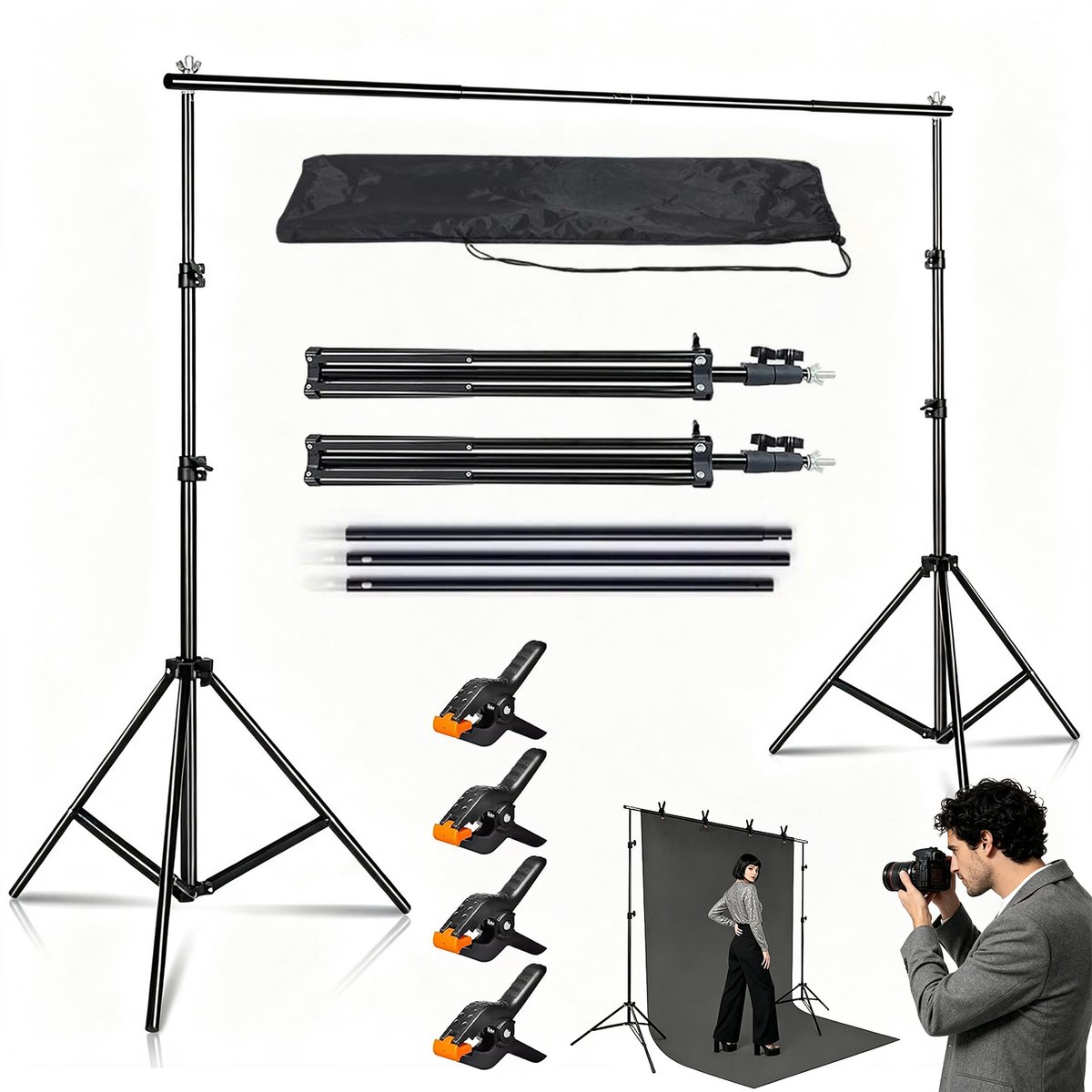 Achtergrondstandaard - 2x2m Fotohokje Metaal - Telescopisch & Verstelbaar - Statiefvoet & Vergrendeling - Incl. 4 Clips & Opbergtas - Snel te Monteren - Voor Achtergrond, Portret & Feestdecoratie