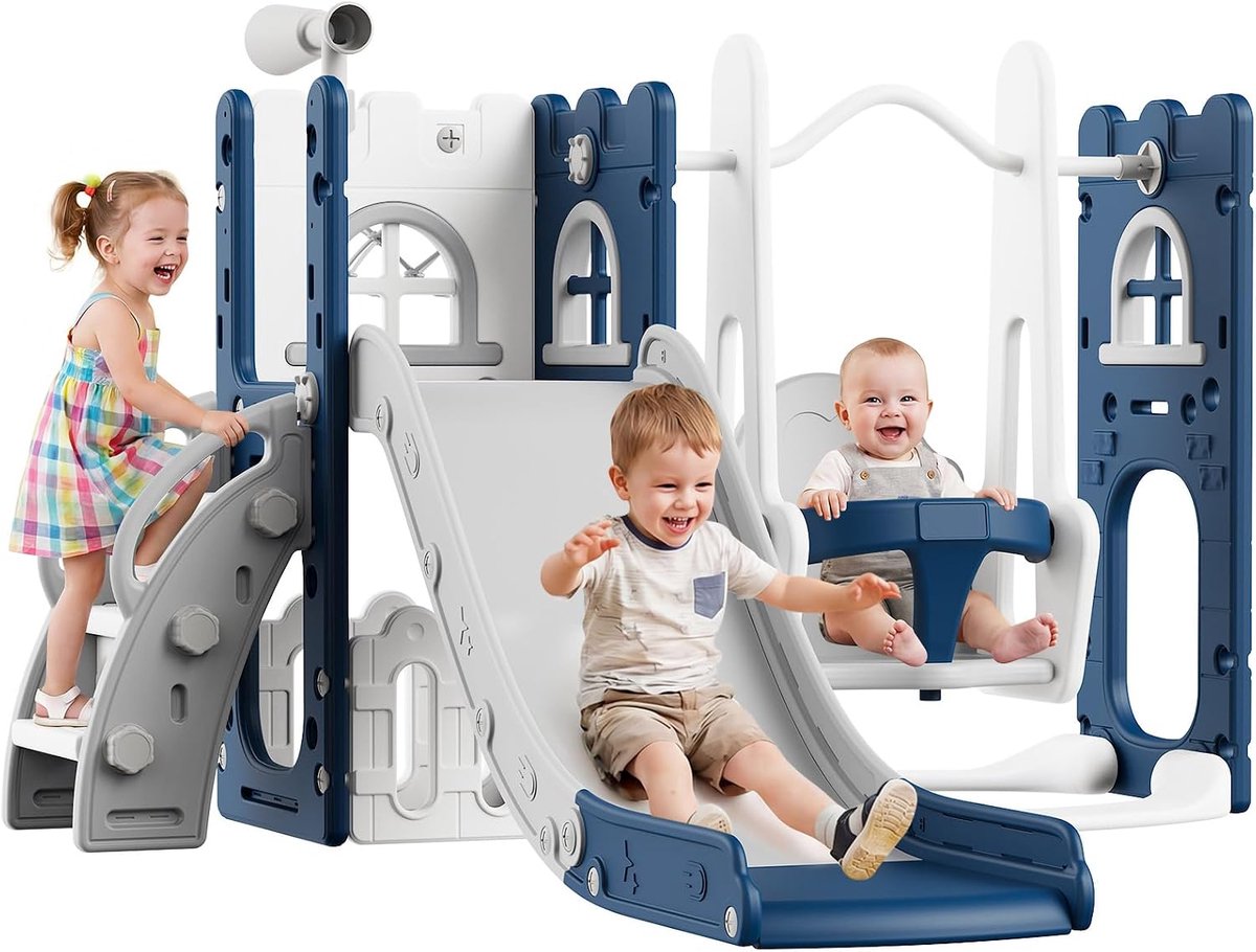 Triumpunpre - Kinder speeltoestel 7-in-1 - glijbaan en schommel multifunctioneel - antislip treden - telescoop en opbergruimte - Blauw en Grijs