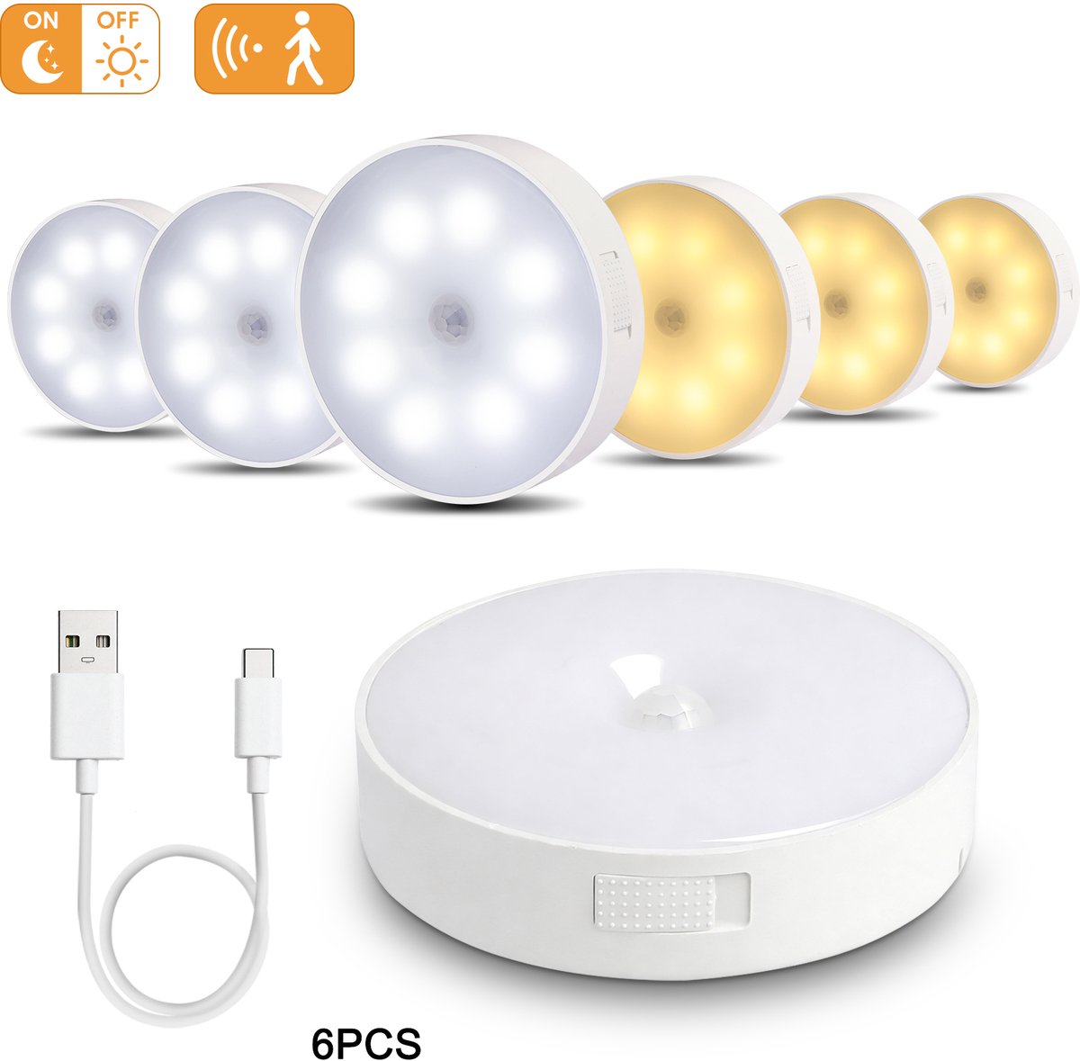 Oraymin 6 Stuks Ronde LED Kastverlichting met Bewegingssensor – 3000K/6000K – USB Oplaadbaar – Magnetisch
