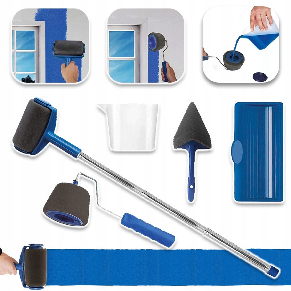 Complete Verfroller Set Met Afneembare Verlengsteel En Navulbare Container - Inclusief Hoek- En Randborstels Microvezeldoek En Snelspoelsysteem - Blauw & Grijs