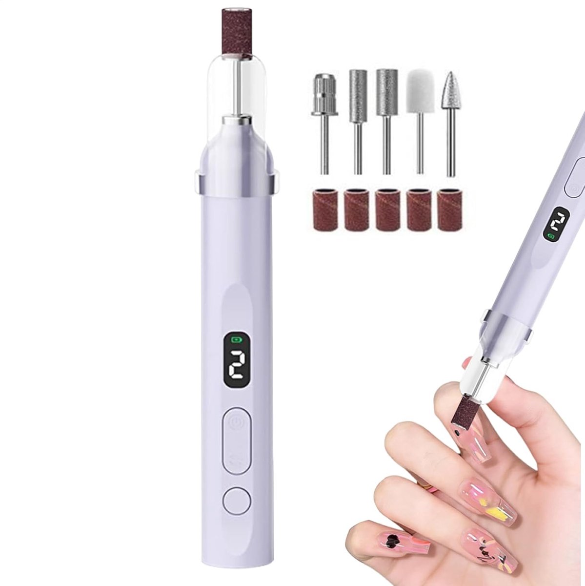 Elektrische nagelvijl (1 stuk) – 15,5 × 2,2 cm - 300 mAh - Mini nageltool - Oplaadbaar - Compact en draagbaar - Inclusief 5 verschillende opzetstukken - Gebruiksvriendelijk - Paars