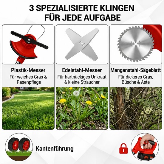 Accu Grastrimmer met 2x 2.0Ah accu’s + lader | 3-in-1 messenset (gras / onkruid / struiken) | 90° verstelbare kop | telescoopsteel (90 - 120cm) & extra handgreep | lichtgewicht 2,3 kg — afbeelding 3
