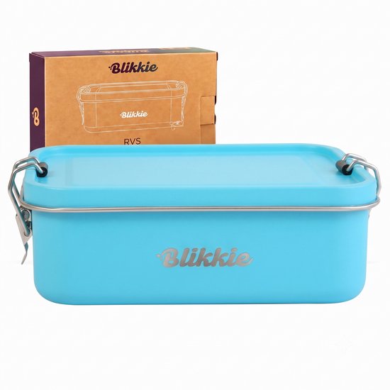 Boîte à lunch Blikkie bleue en acier inoxydable avec fermoirs et logo argentés, avec boîte.