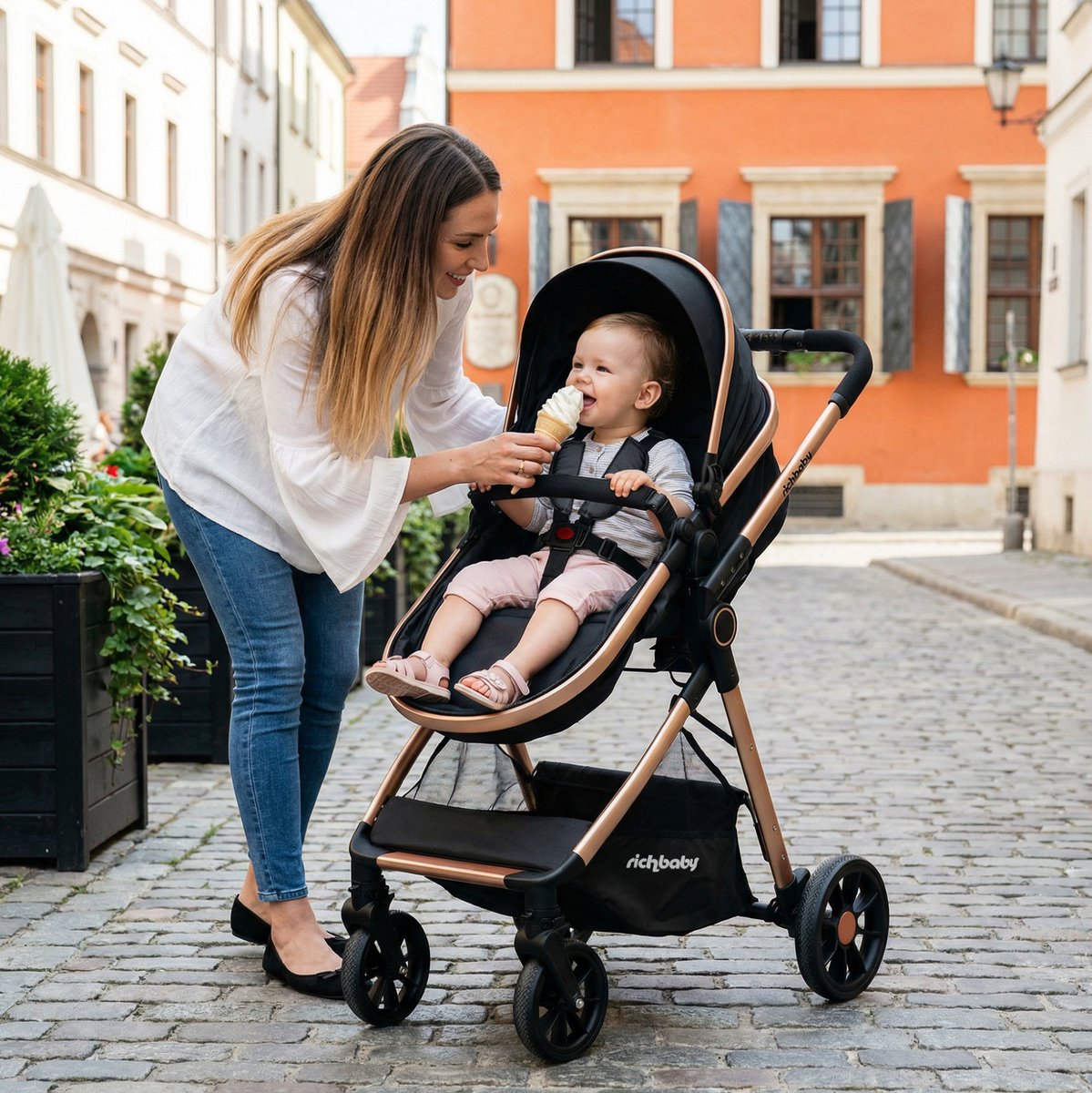 REDOM - Babykinderwagen - Omkeerbare zitting - Hoge zitpositie - Verstelbare kap en rugleuning - 5-puntsgordel - Voor buitengebruik - Stof en metaal - Zwart - 80 x 62 cm