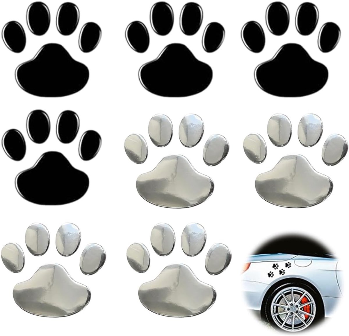 8 Stuks 3D Chroom Hond Poot Voetafdruk Auto Stickers Autoaccessoires Poot Afdruk Auto Embleem Sticker Decoratie Badge (Zilver, Zwart)