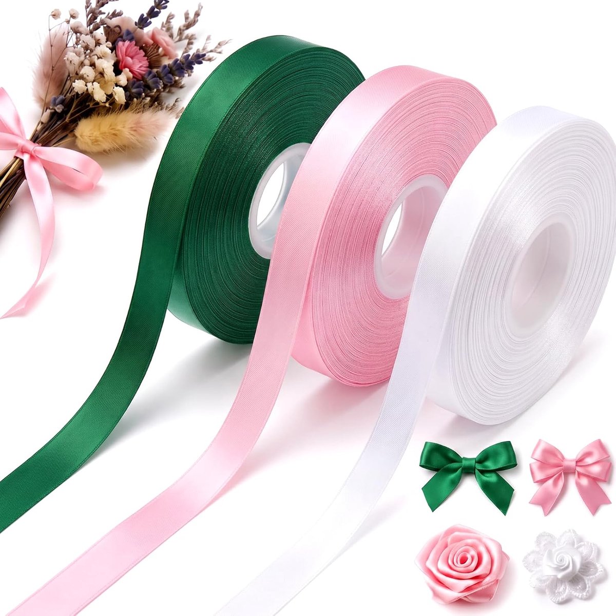 3 Rollen Satijnlint 45 m x 9 mm Wit Groen Roze Satijnen Cadeaulint Trouwstrikkenlint Zijden Lint Kleurrijke Satijnen Linten voor Bruiloftsdecoratie, Strikken, Cadeauverpakking