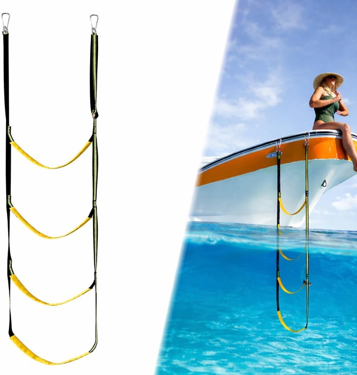 boot 4-staps verstelbaar – 115x40cm – opvouwbare stap touwladder – zwembad trap zwemladder - zwembadtrap
