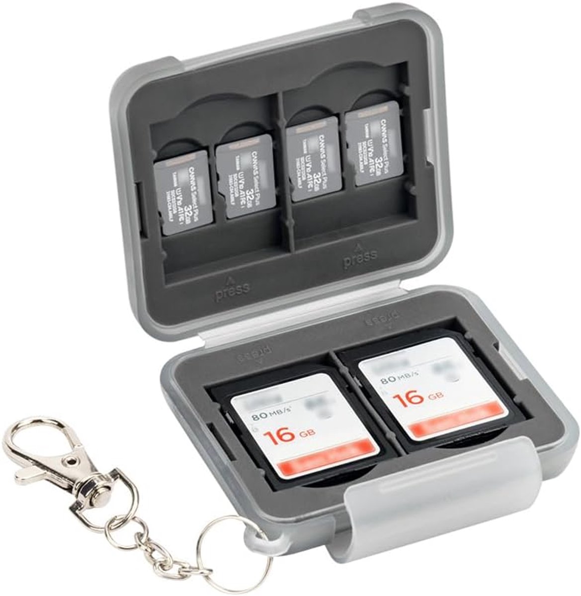 Waterbestendige, Robuuste Plastic Geheugenkaart Opbergkoffer Geschikt voor 4 x SD SDHC SDXC Kaarten met Korte Ketting (Lichtgrijs)
