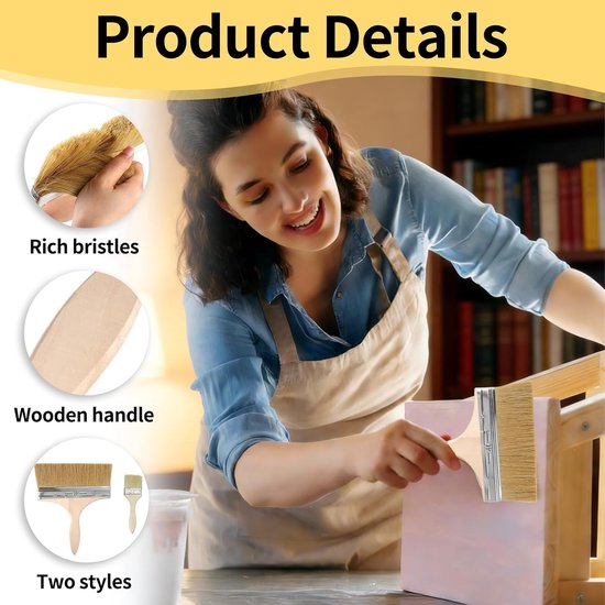 Set van 3 Platte Verfkwasten 75 mm / 100 mm / 125 mm, Brede Kwasten met Houten Handgreep voor Schilderen, Beitsen en Lakken — afbeelding 2